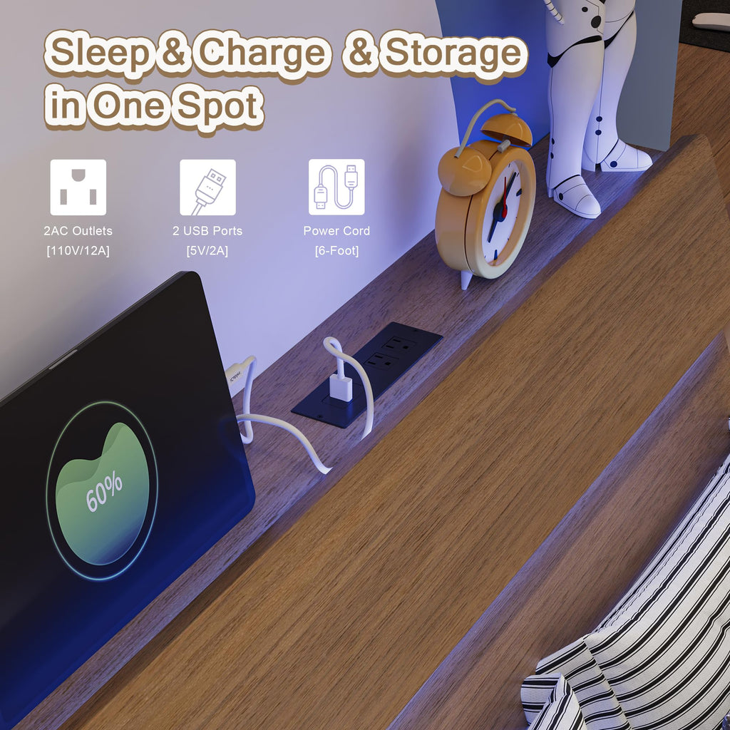 Bed Frame with Charging Station, Led Bed Frame with Wood Storage Headboard