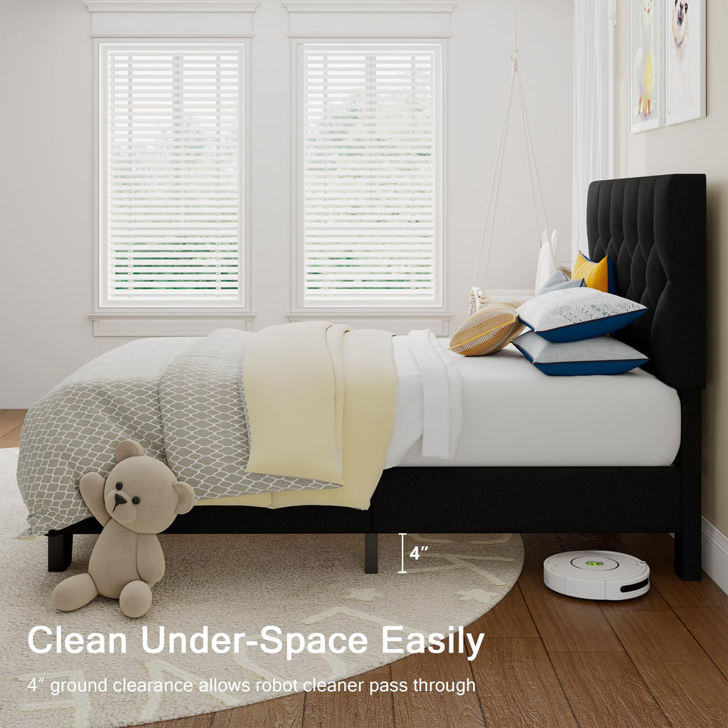 Velvet Bed Frame with Headboard, Button Tufted Upholstered Bed Base