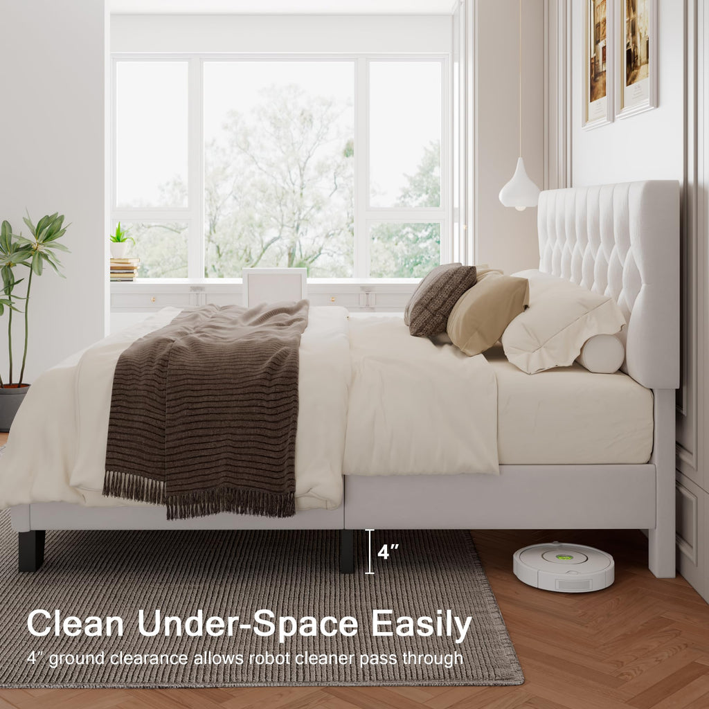 Velvet Bed Frame with Headboard, Button Tufted Upholstered Bed Base