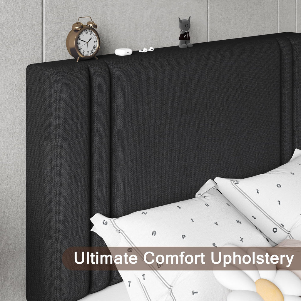 Upholstered Twin Size Bed Frame with Linen Fabric Headboard