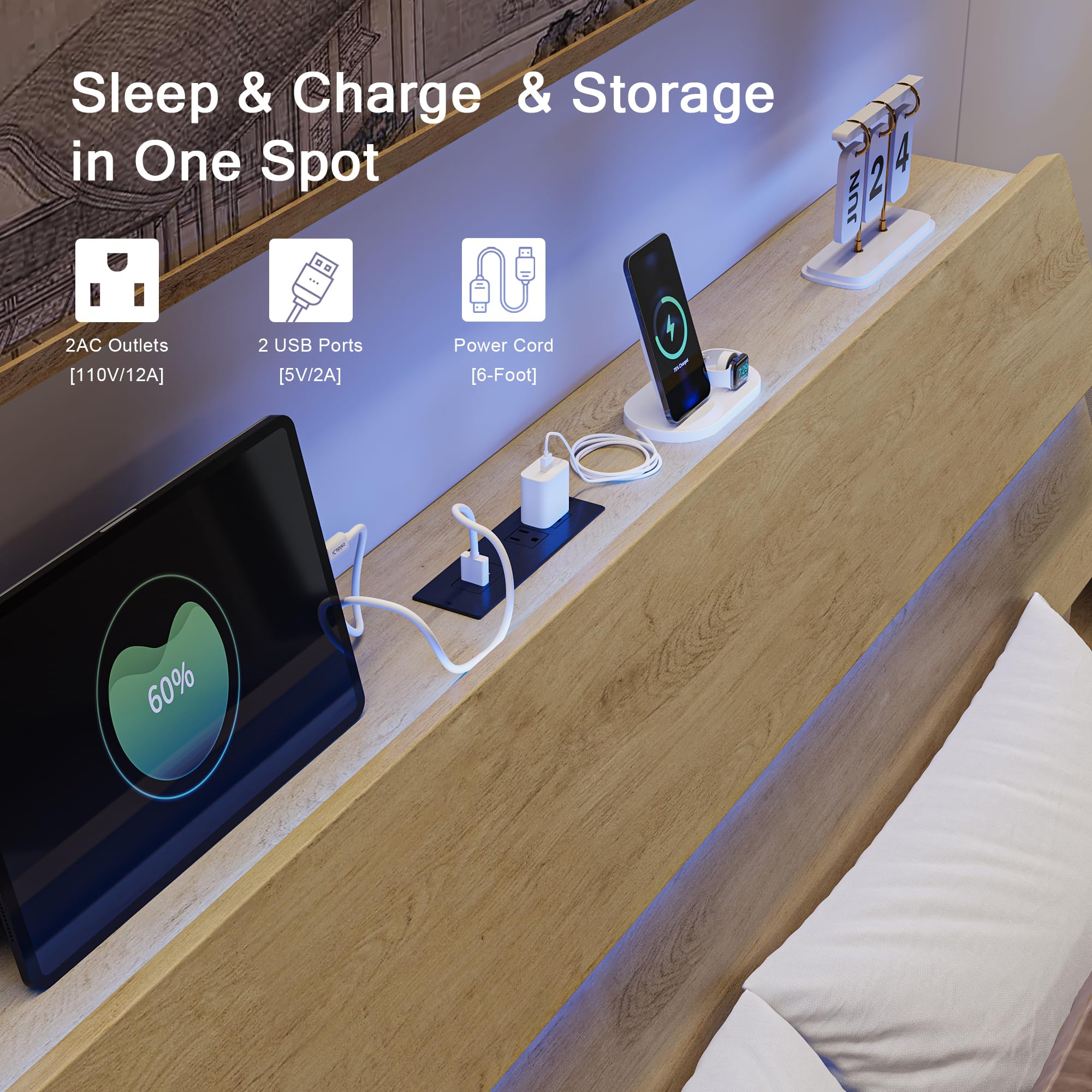Bed Frame with Charging Station, Led Bed Frame with Wood Storage Headboard