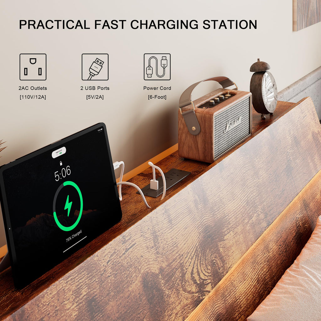 Bed Frame with Charging Station, Led Bed Frame with Wood Storage Headboard