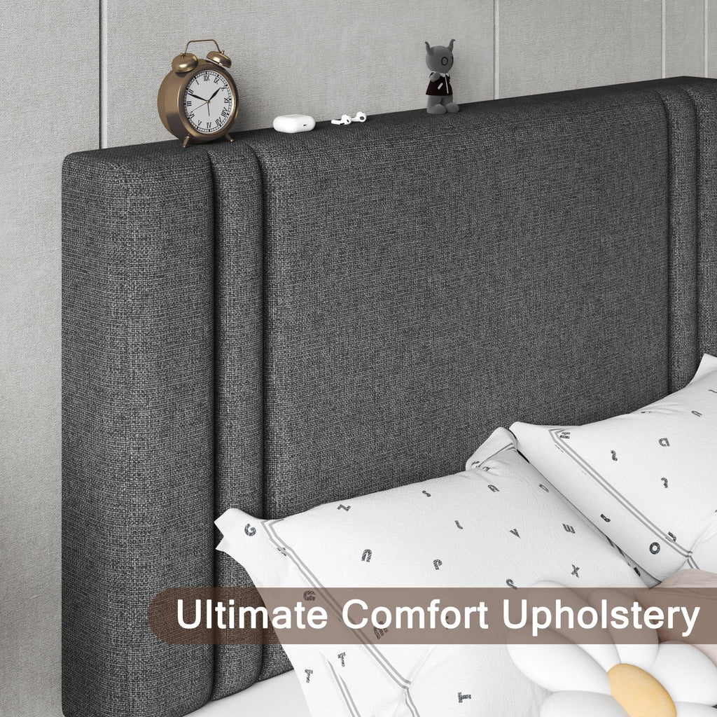 Upholstered Twin Size Bed Frame with Linen Fabric Headboard