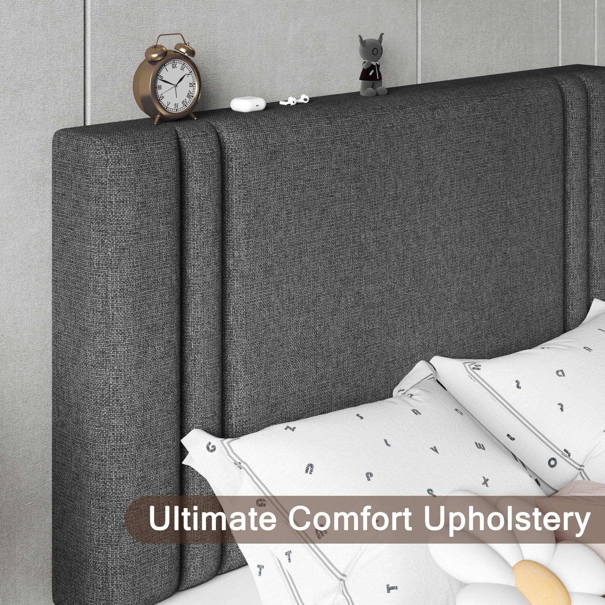 Upholstered Twin Size Bed Frame with Linen Fabric Headboard