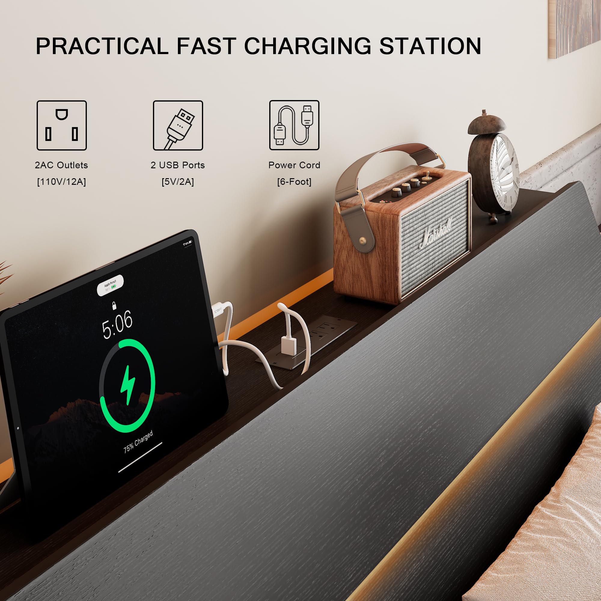 Bed Frame with Charging Station, Led Bed Frame with Wood Storage Headboard