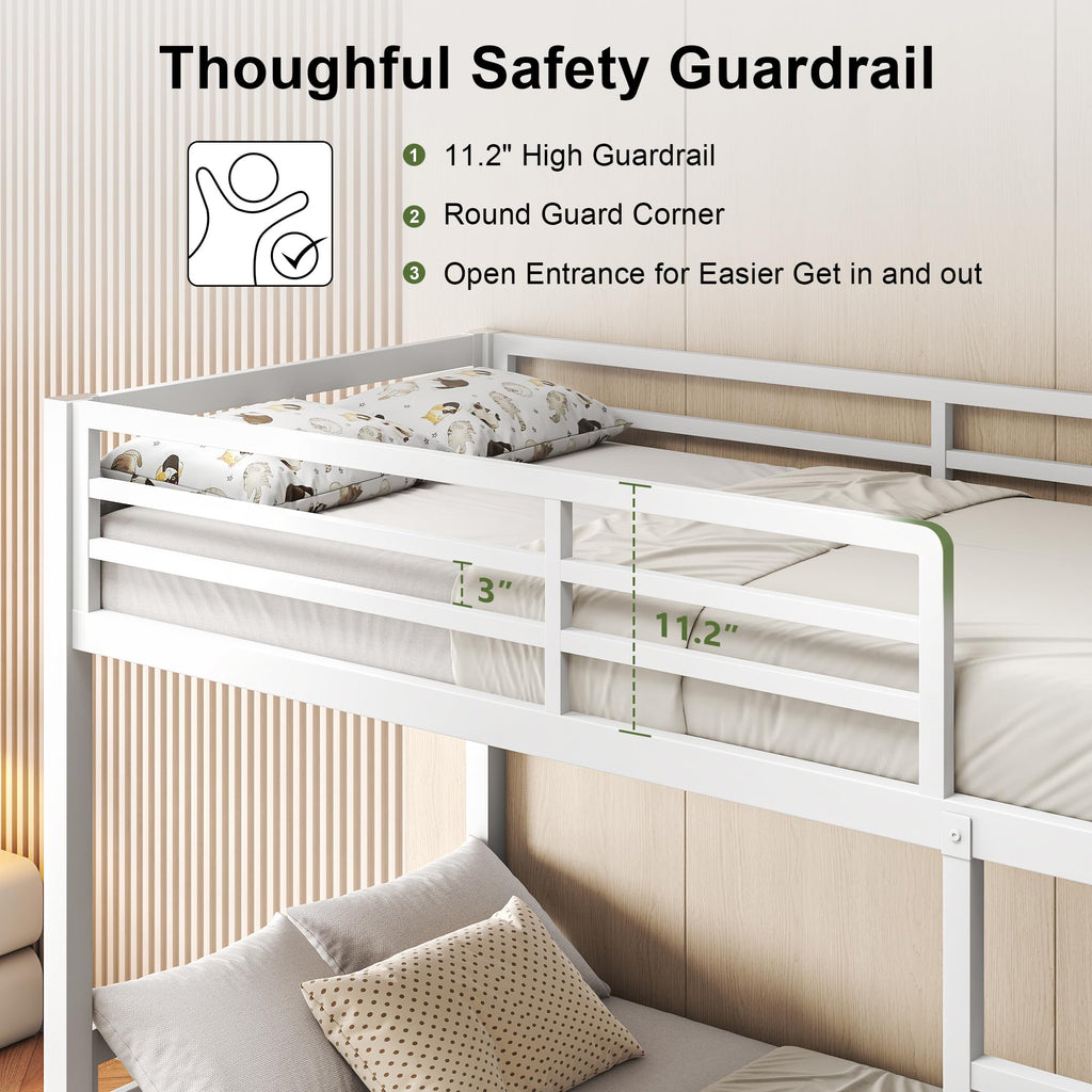 Feonase Metal Bunk Bed Twin Over Twin with Ladder and High Guardrail