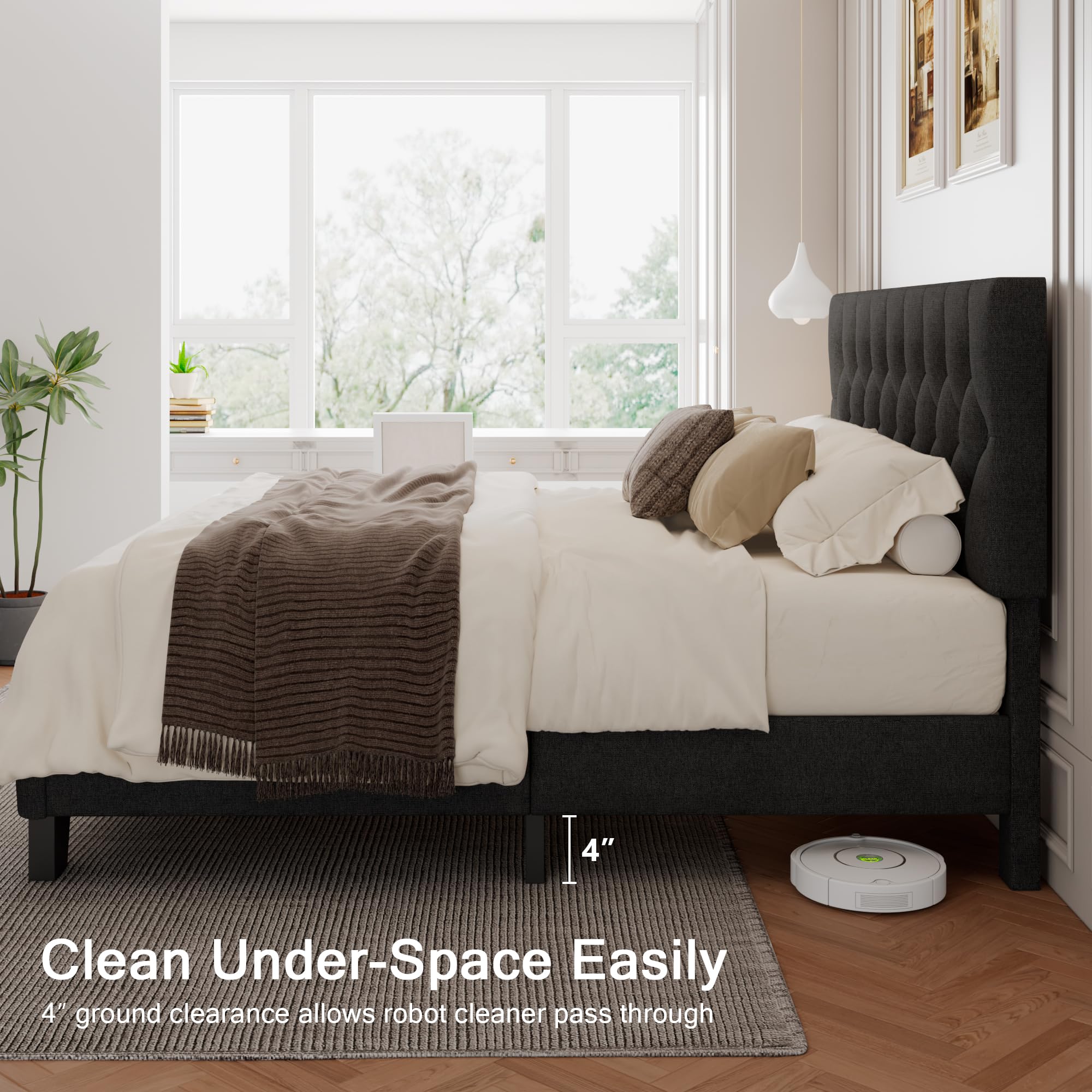 Velvet Bed Frame with Headboard, Button Tufted Upholstered Bed Base