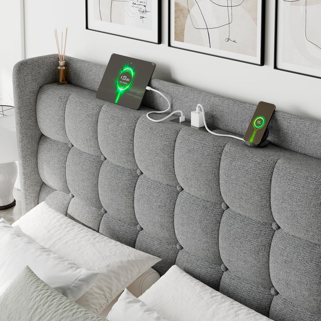 Feonase Bed Frame with Charging Station, Upholstered Platform Frame with Wingback Storage Headboard