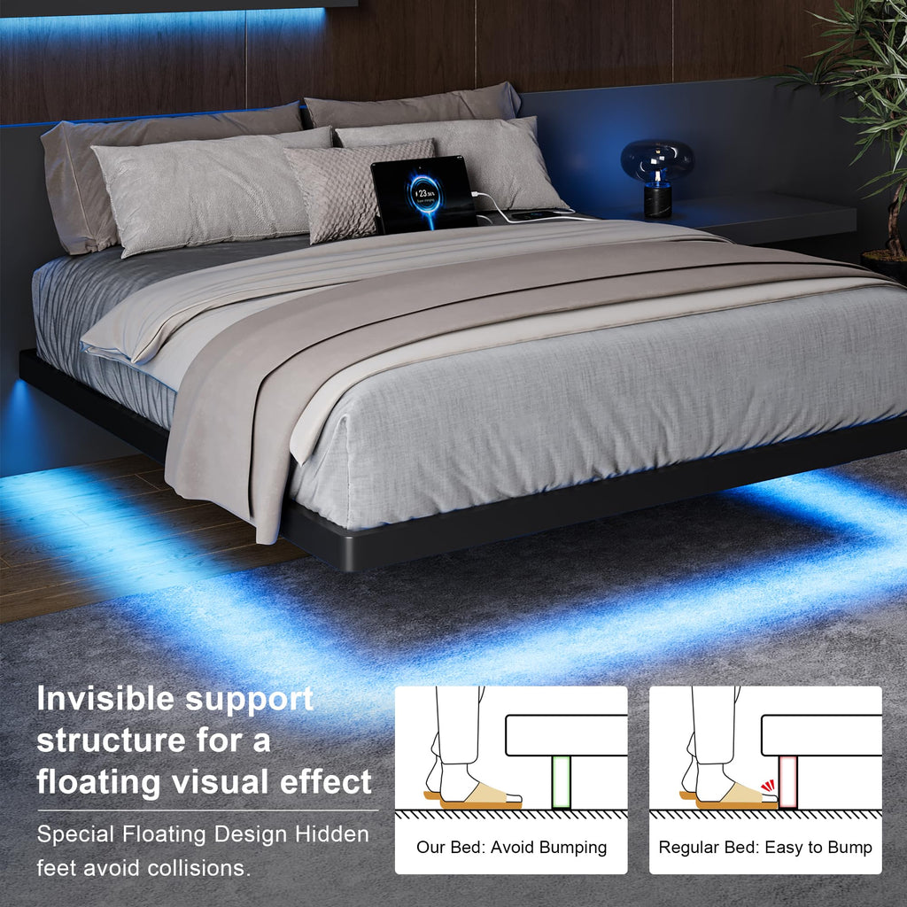 Feonase Floating Bed Frame with Charging Station and Led Lights