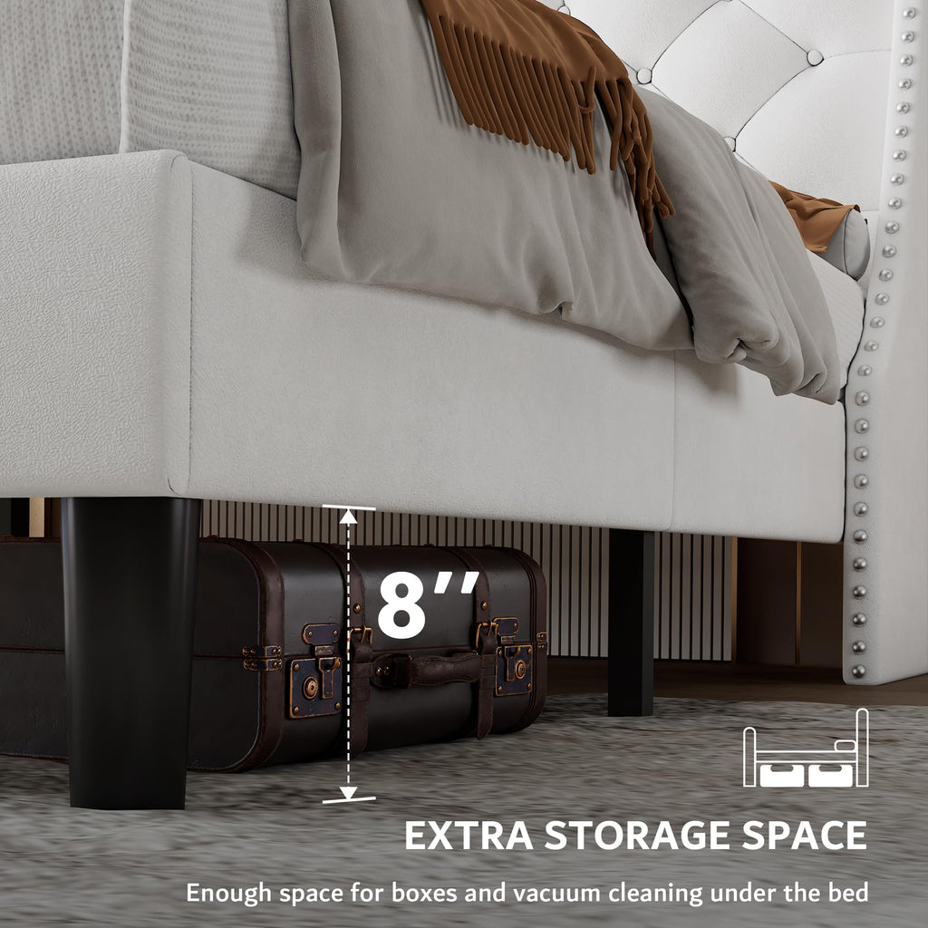 iPormis Full Bed Frame with Upholstered Wingback Button Tufted Storage Headboard