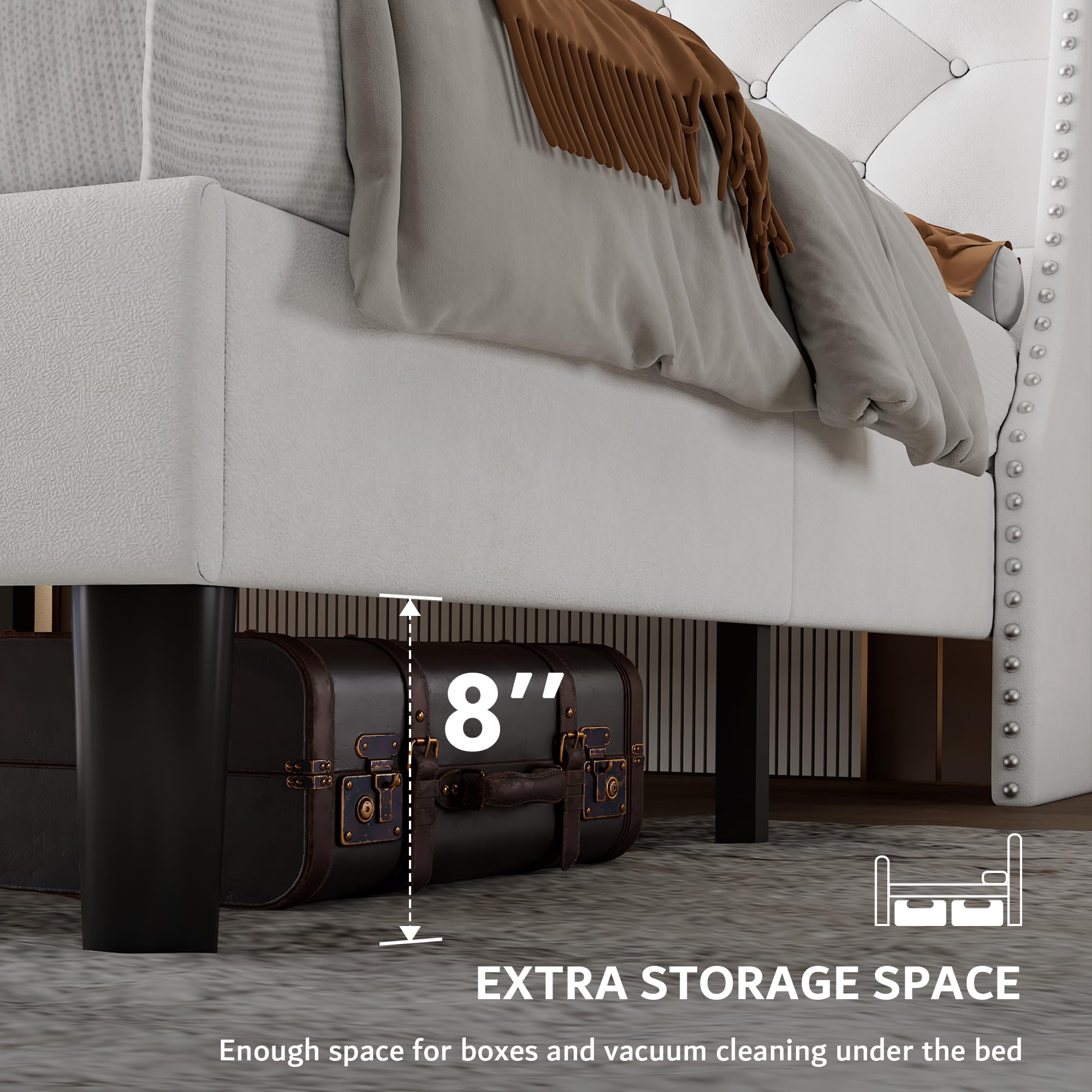 iPormis Full Bed Frame with Upholstered Wingback Button Tufted Storage Headboard