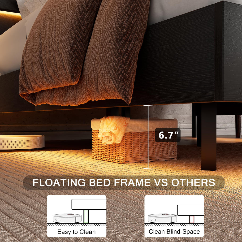 Bed Frame with Charging Station, Led Bed Frame with Wood Storage Headboard