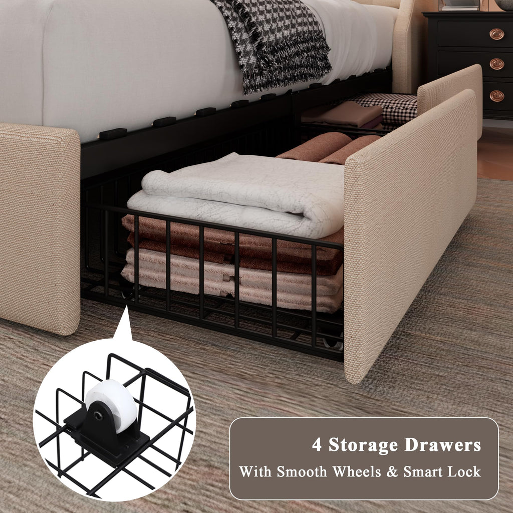 Feonase Upholstered Bed Frame with 4 Storage Drawers and Charging Station