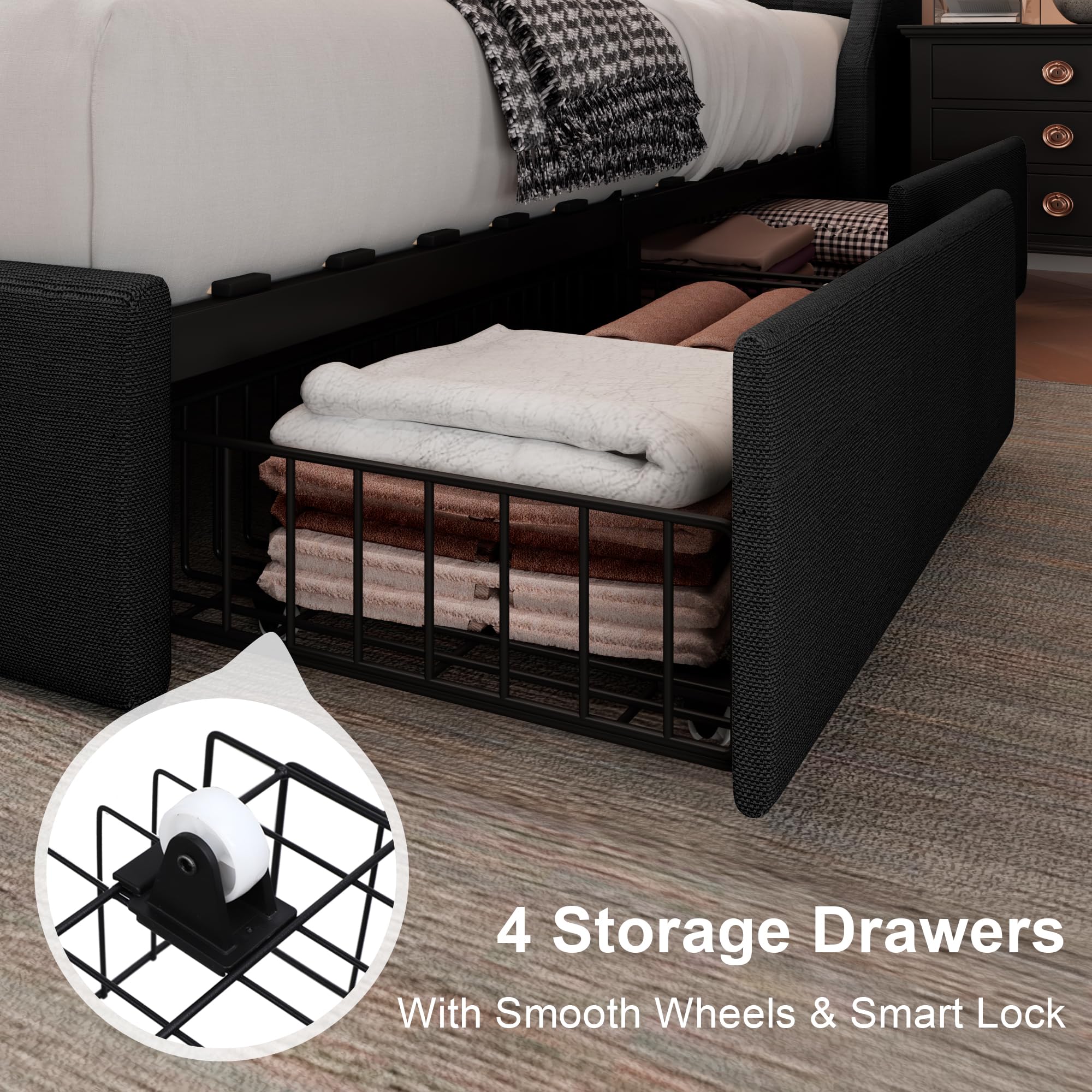 Feonase Upholstered Bed Frame with 4 Storage Drawers and Charging Station