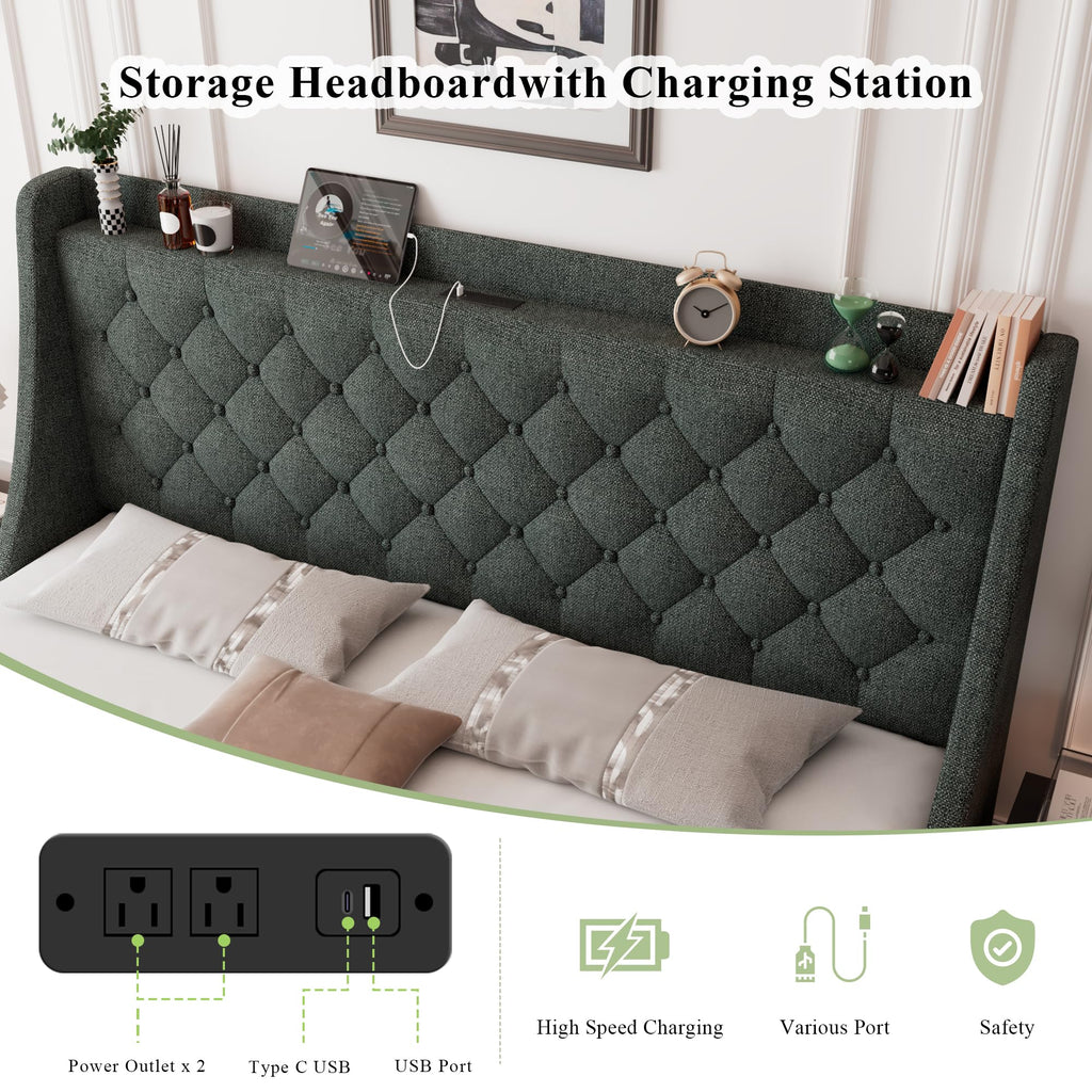 Feonase Upholstered Bed Frame with 4 Storage Drawers and Charging Station