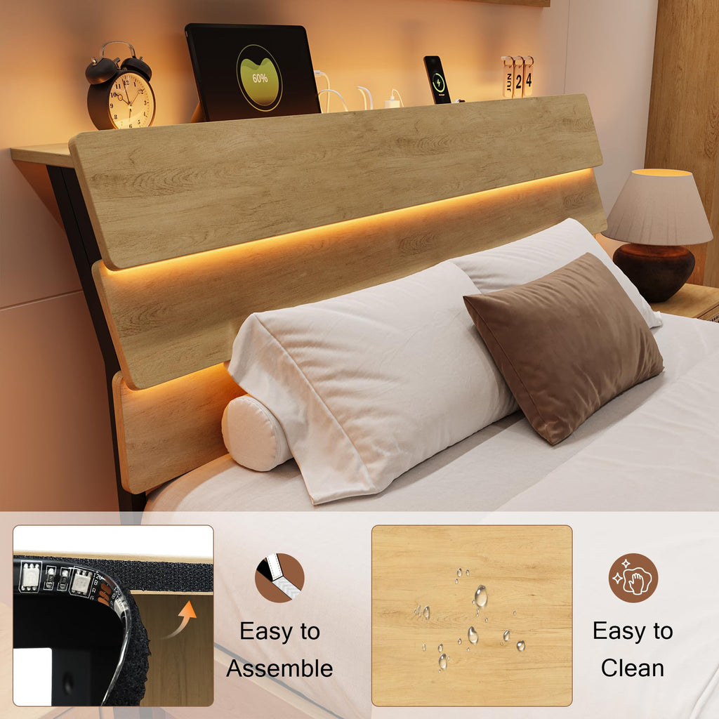 Bed Frame with Charging Station, Led Bed Frame with Wood Storage Headboard