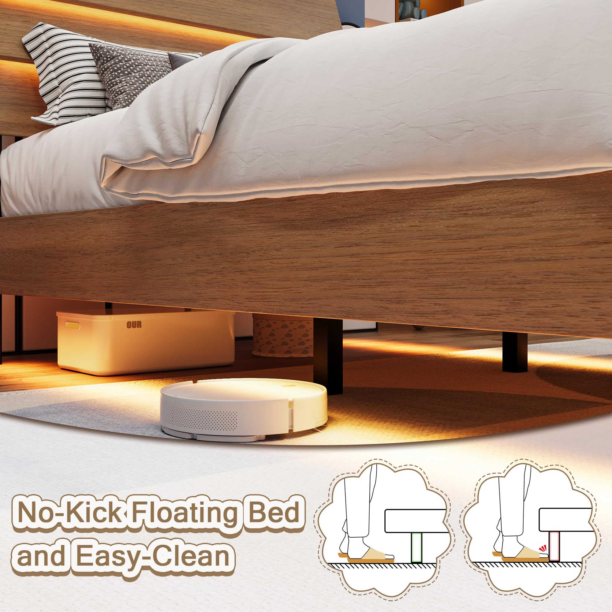 Bed Frame with Charging Station, Led Bed Frame with Wood Storage Headboard