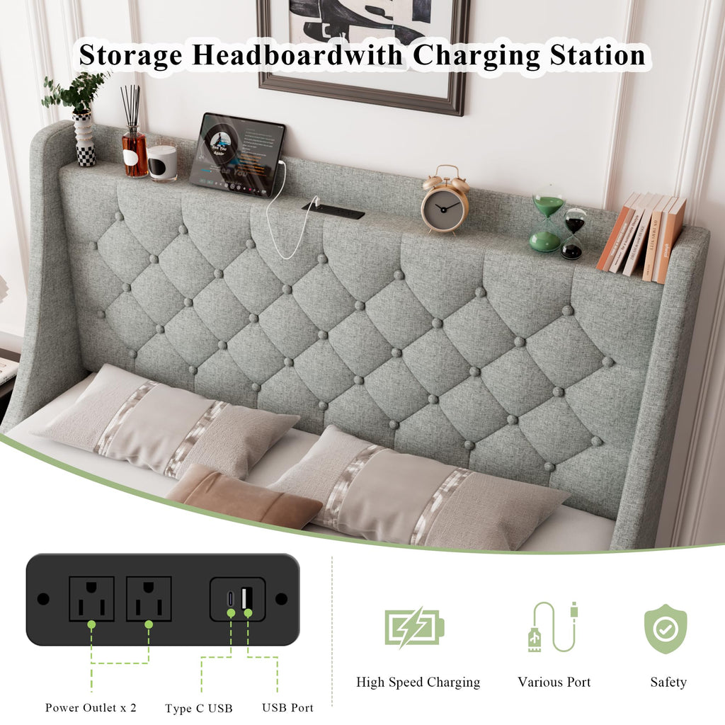 Feonase Upholstered Bed Frame with 4 Storage Drawers and Charging Station