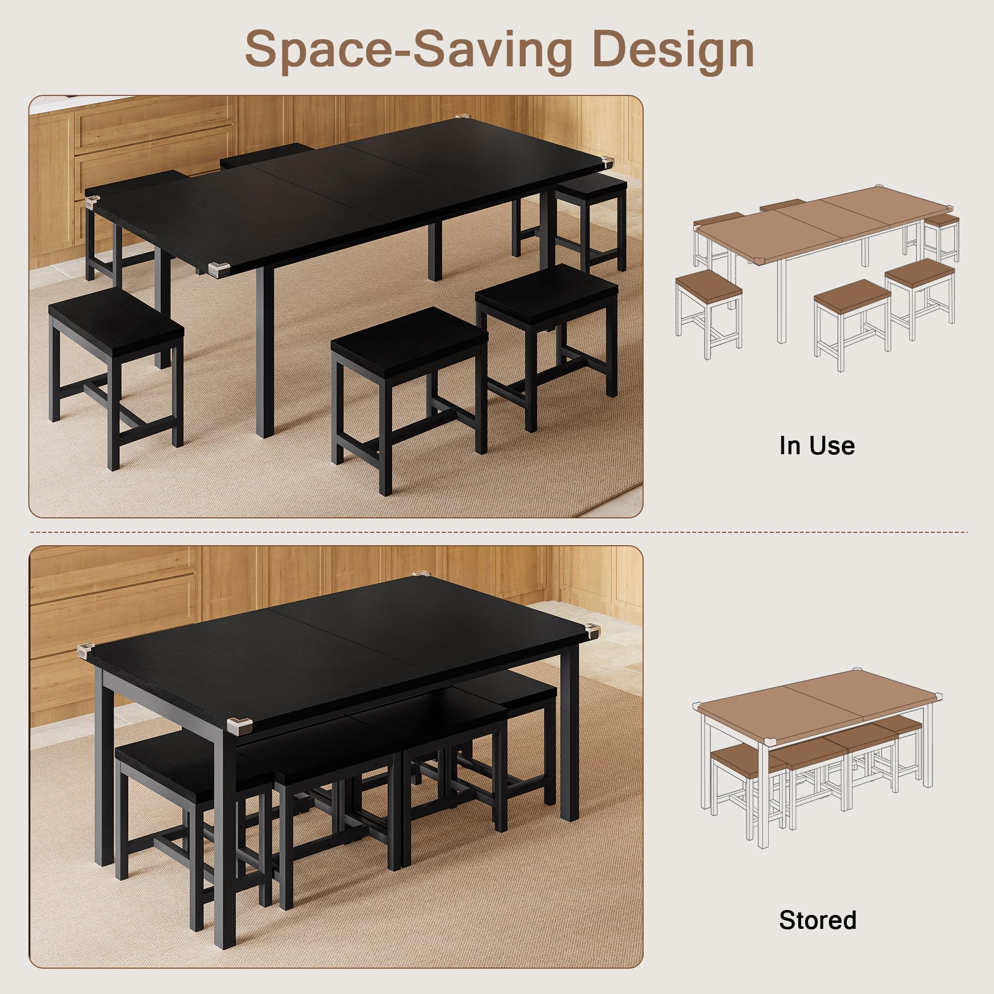 iPormis 7-Piece 63" Extendable Dining Table Set for 4-8 People, Mid-Century