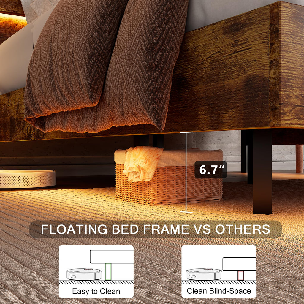 Bed Frame with Charging Station, Led Bed Frame with Wood Storage Headboard