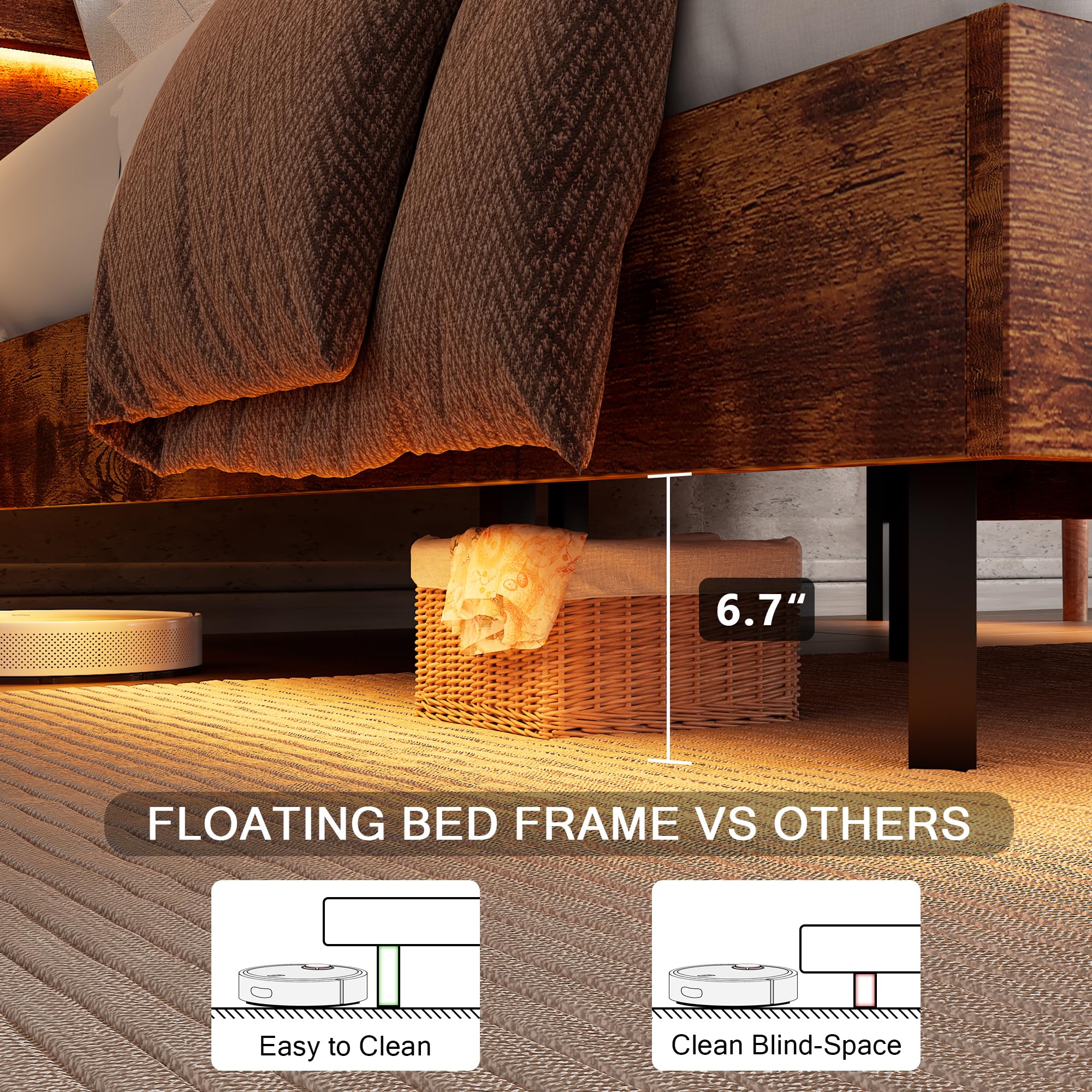 Bed Frame with Charging Station, Led Bed Frame with Wood Storage Headboard