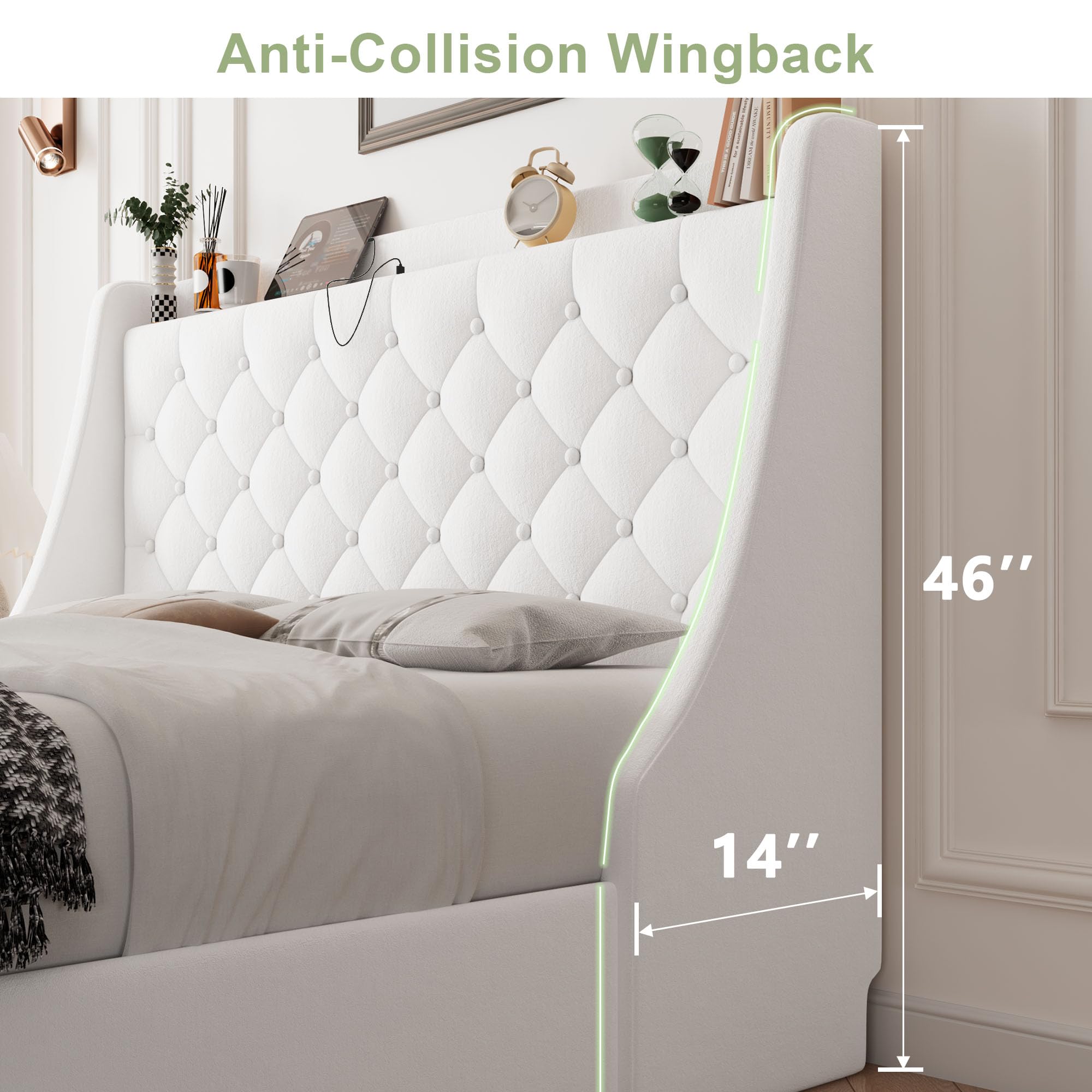 Feonase Upholstered Bed Frame with 4 Storage Drawers and Charging Station