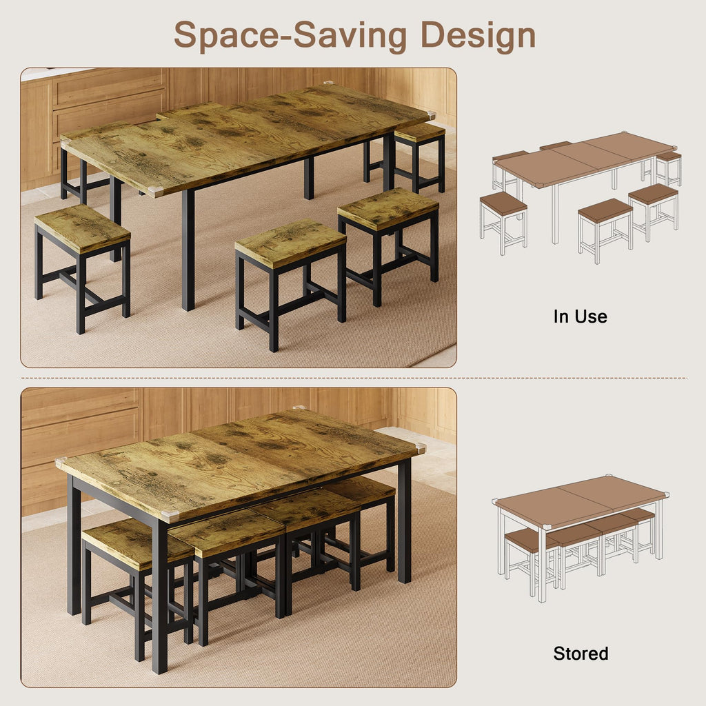 iPormis 7-Piece 63" Extendable Dining Table Set for 4-8 People, Mid-Century