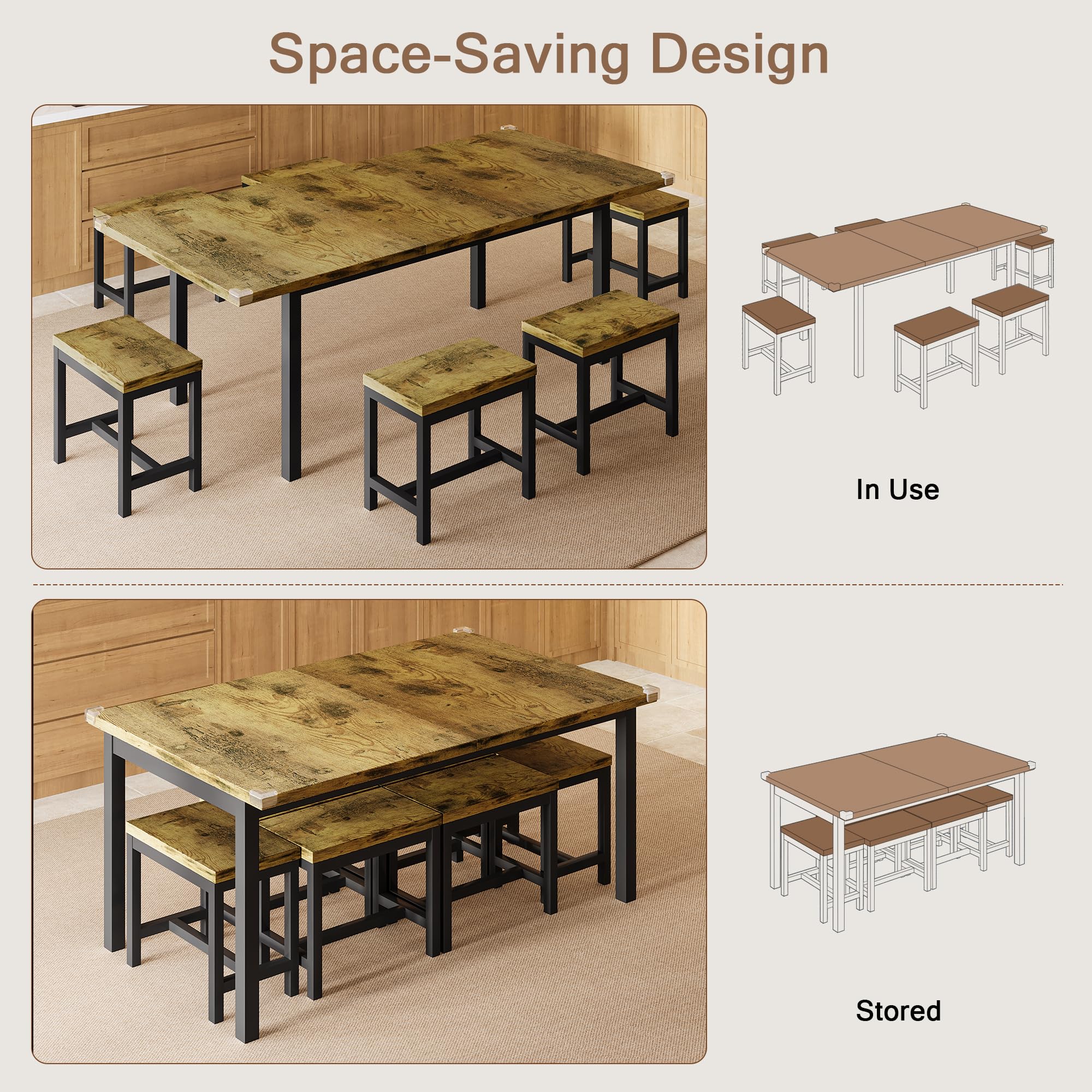 iPormis 7-Piece 63" Extendable Dining Table Set for 4-8 People, Mid-Century