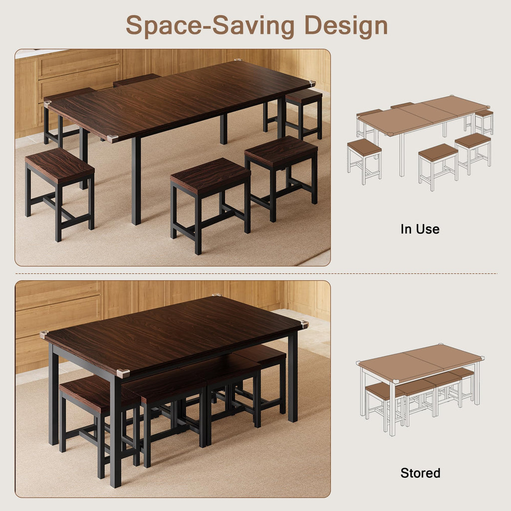 iPormis 7-Piece 63" Extendable Dining Table Set for 4-8 People, Mid-Century