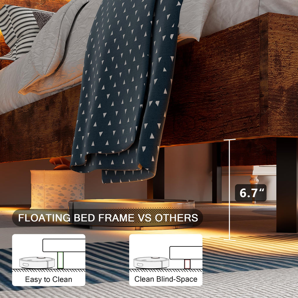 Bed Frame with Charging Station, Led Bed Frame with Wood Storage Headboard