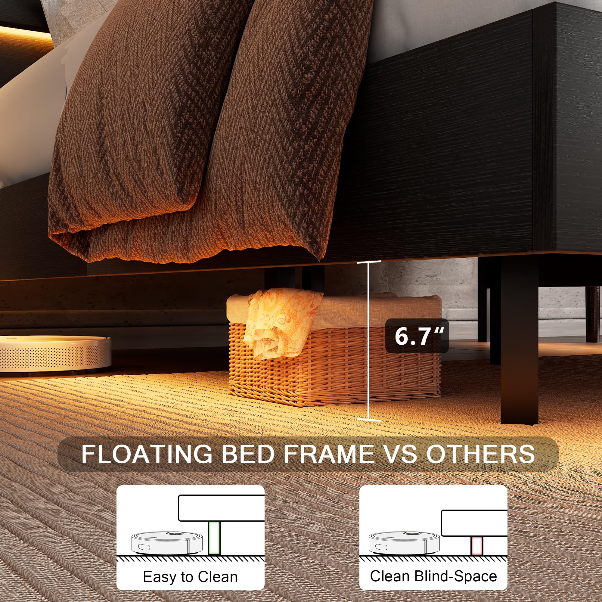 Bed Frame with Charging Station, Led Bed Frame with Wood Storage Headboard
