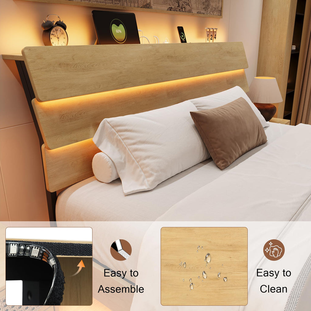 Bed Frame with Charging Station, Led Bed Frame with Wood Storage Headboard