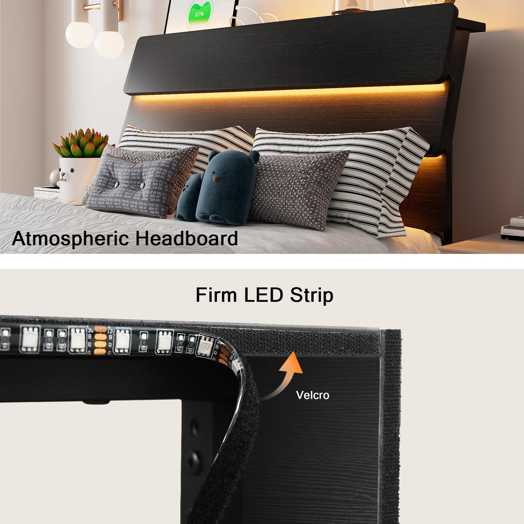 Bed Frame with Charging Station, Led Bed Frame with Wood Storage Headboard