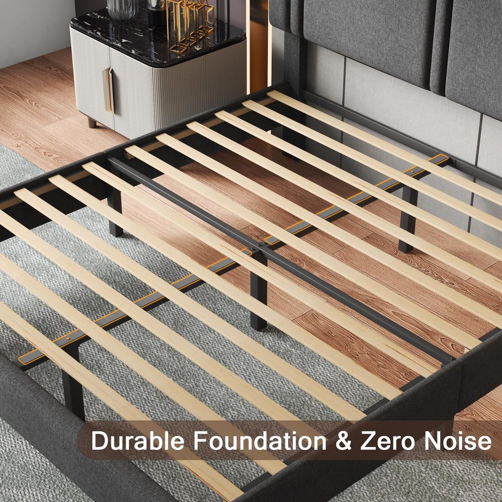 Upholstered Twin Size Bed Frame with Linen Fabric Headboard