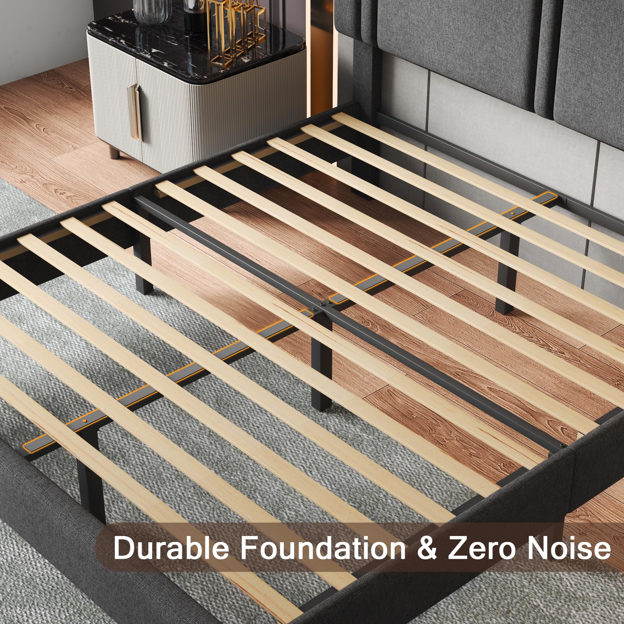 Upholstered Twin Size Bed Frame with Linen Fabric Headboard