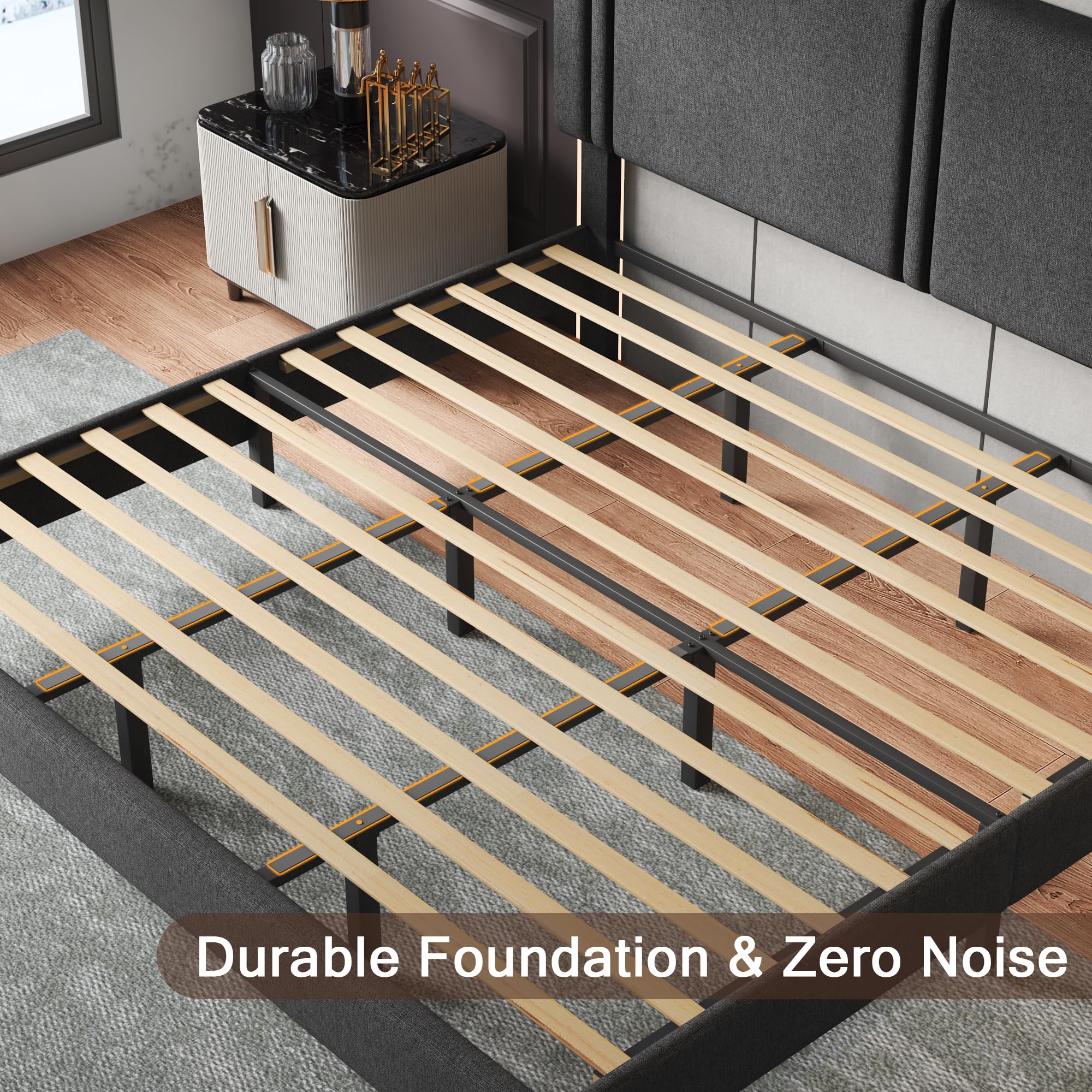 Upholstered Twin Size Bed Frame with Linen Fabric Headboard