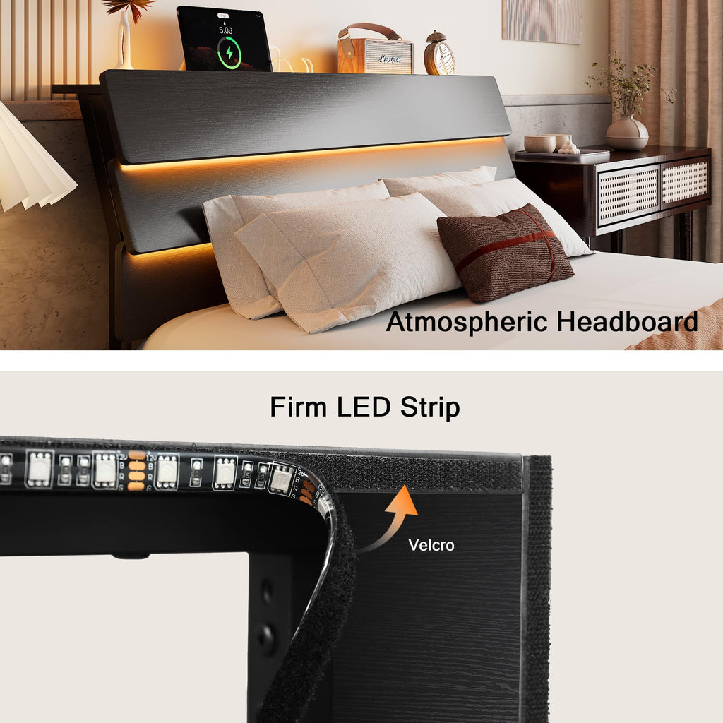 Bed Frame with Charging Station, Led Bed Frame with Wood Storage Headboard
