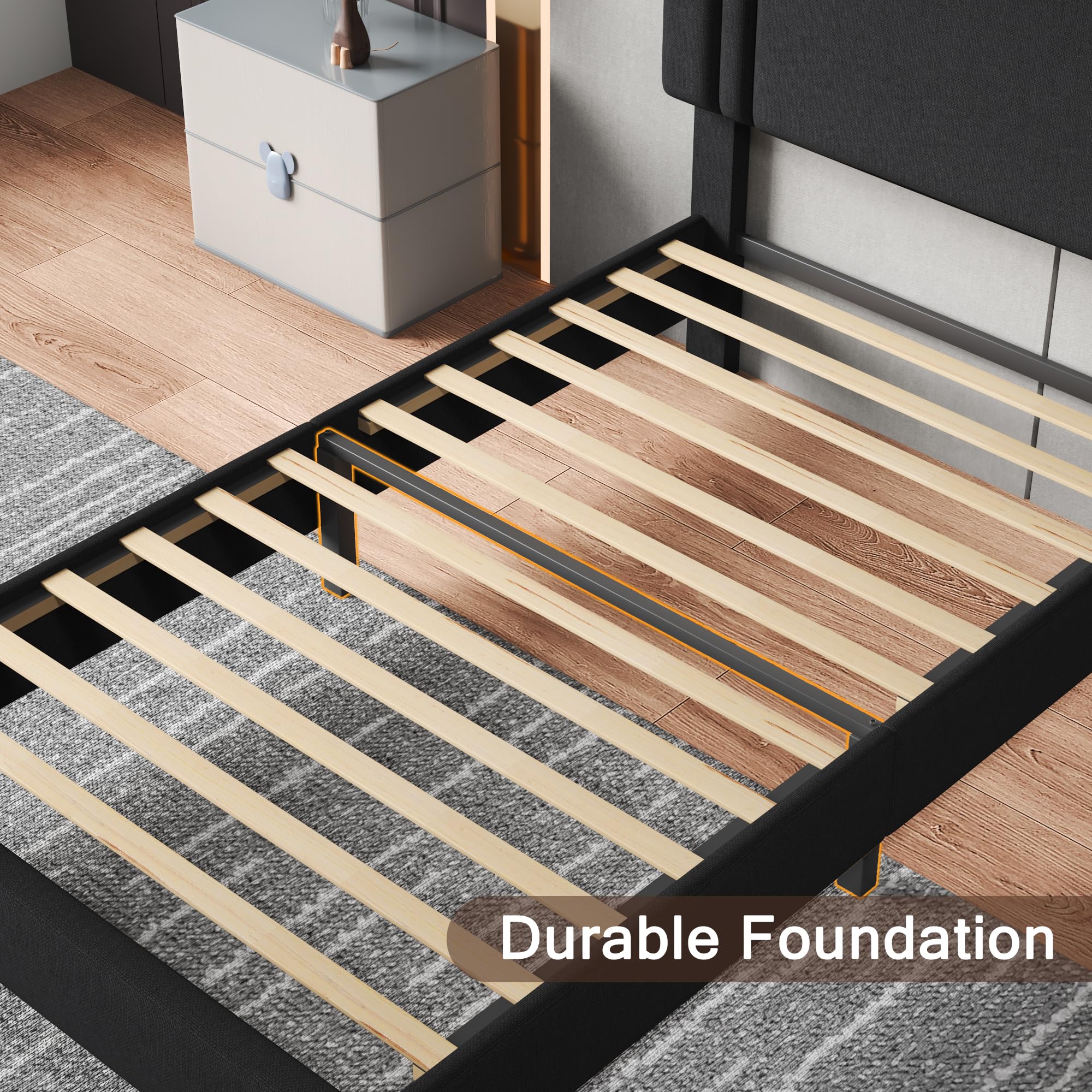 Upholstered Twin Size Bed Frame with Linen Fabric Headboard