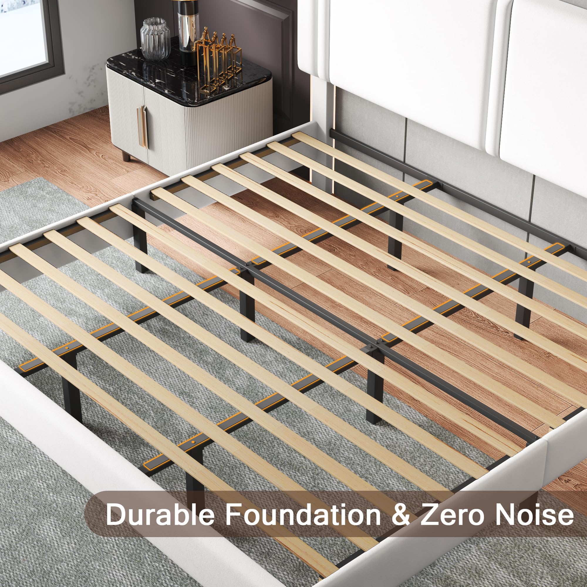 Upholstered Twin Size Bed Frame with Linen Fabric Headboard