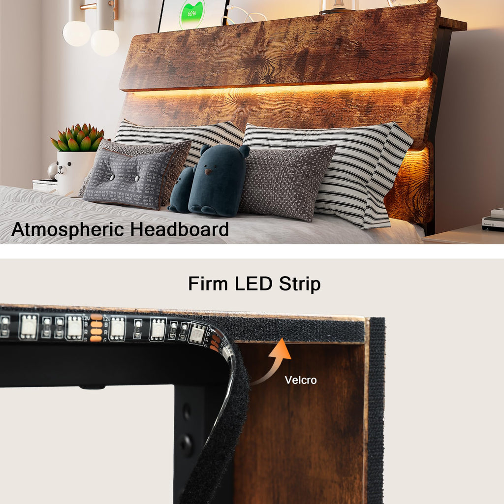 Bed Frame with Charging Station, Led Bed Frame with Wood Storage Headboard