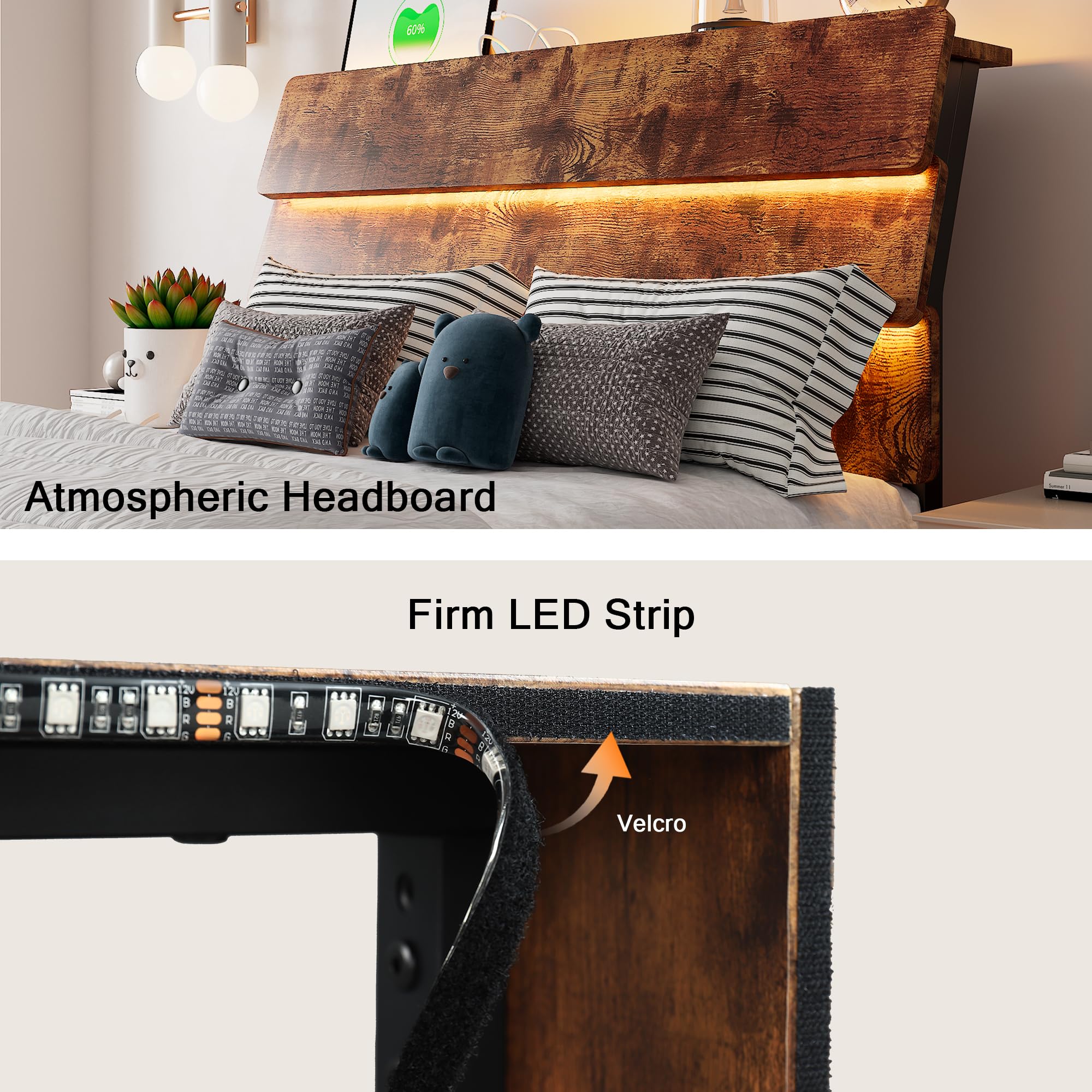 Bed Frame with Charging Station, Led Bed Frame with Wood Storage Headboard