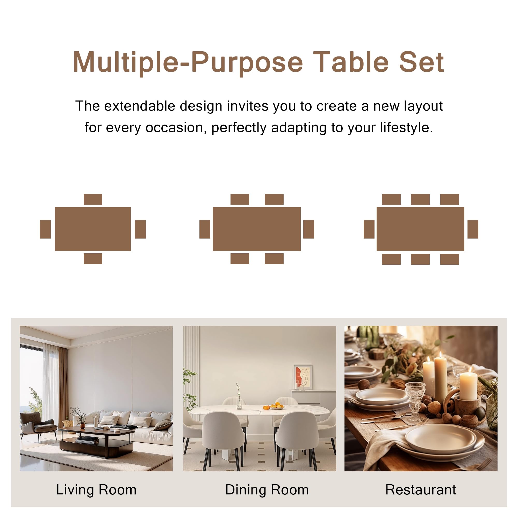 iPormis 7-Piece 63" Extendable Dining Table Set for 4-8 People, Mid-Century