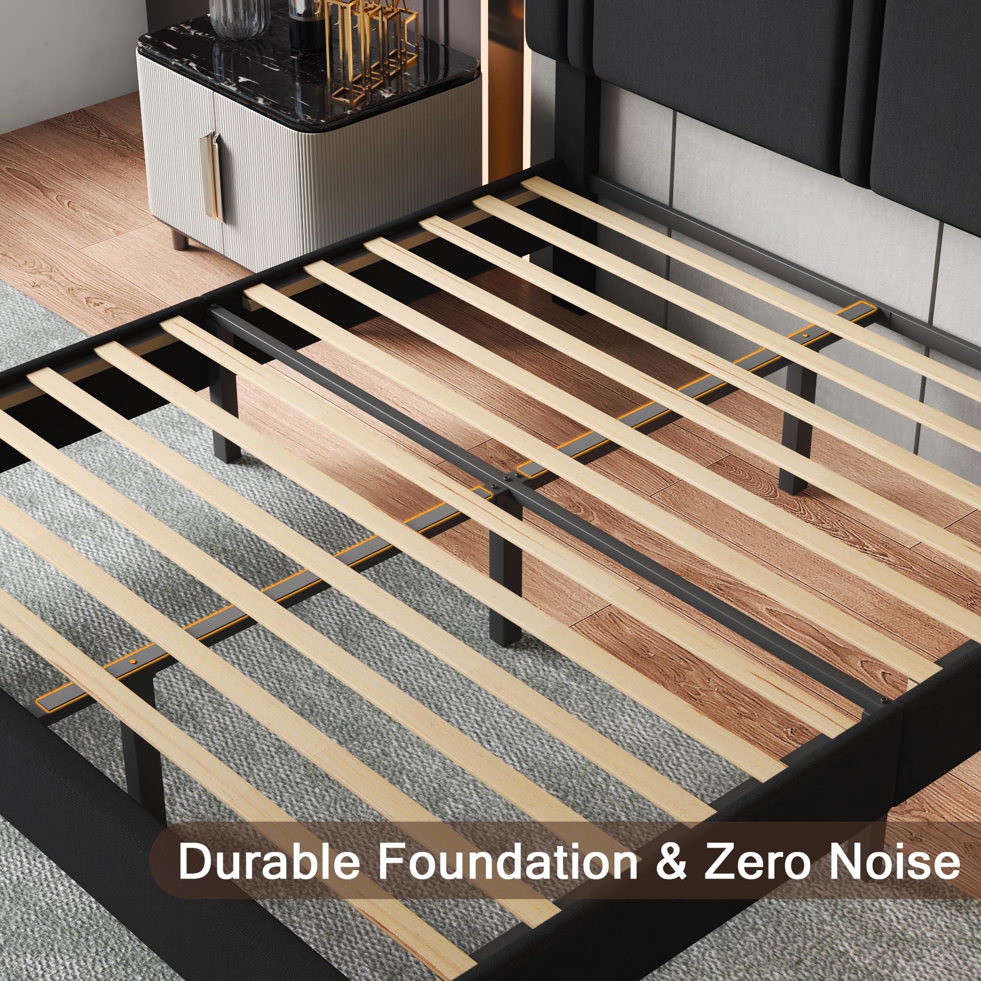 Upholstered Twin Size Bed Frame with Linen Fabric Headboard