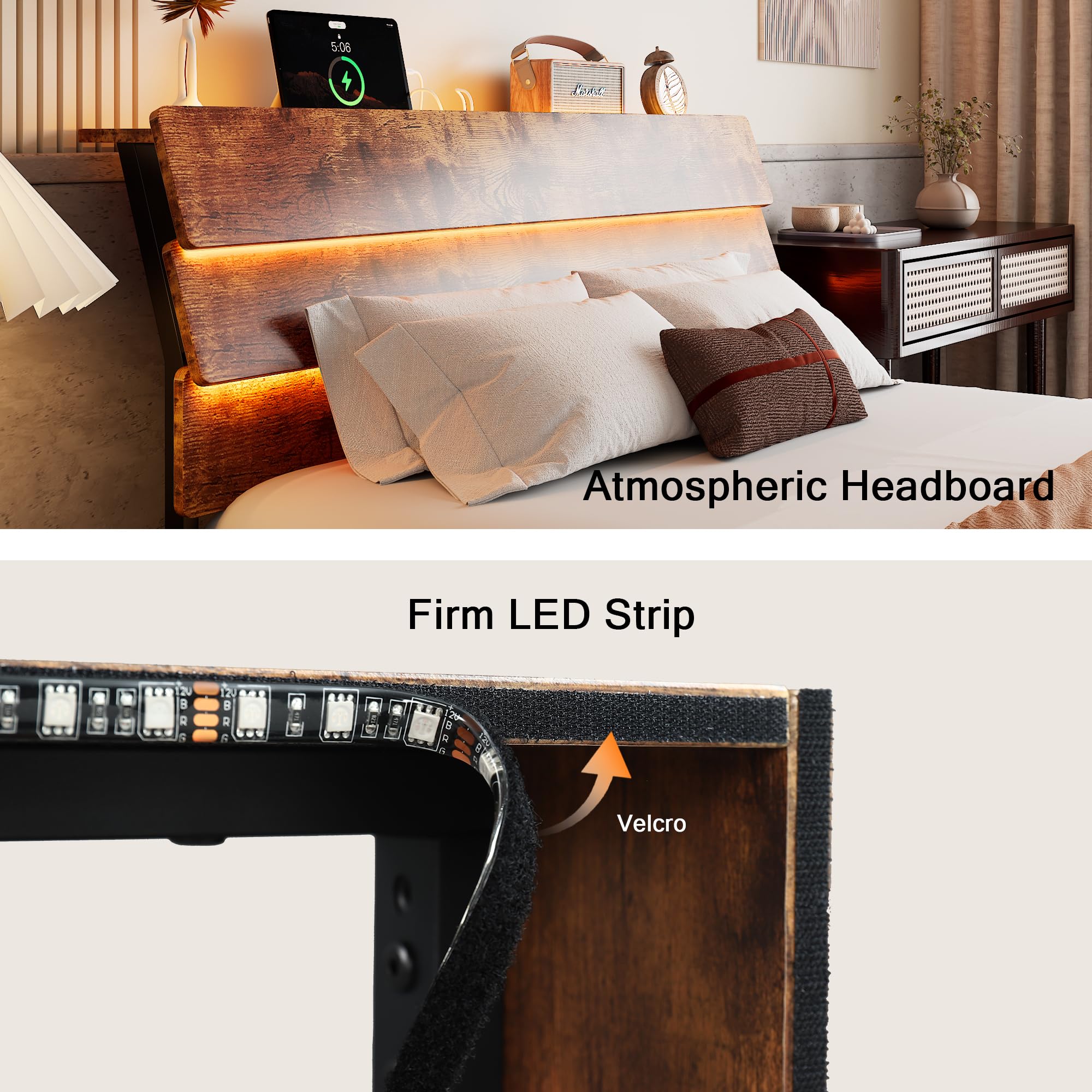 Bed Frame with Charging Station, Led Bed Frame with Wood Storage Headboard