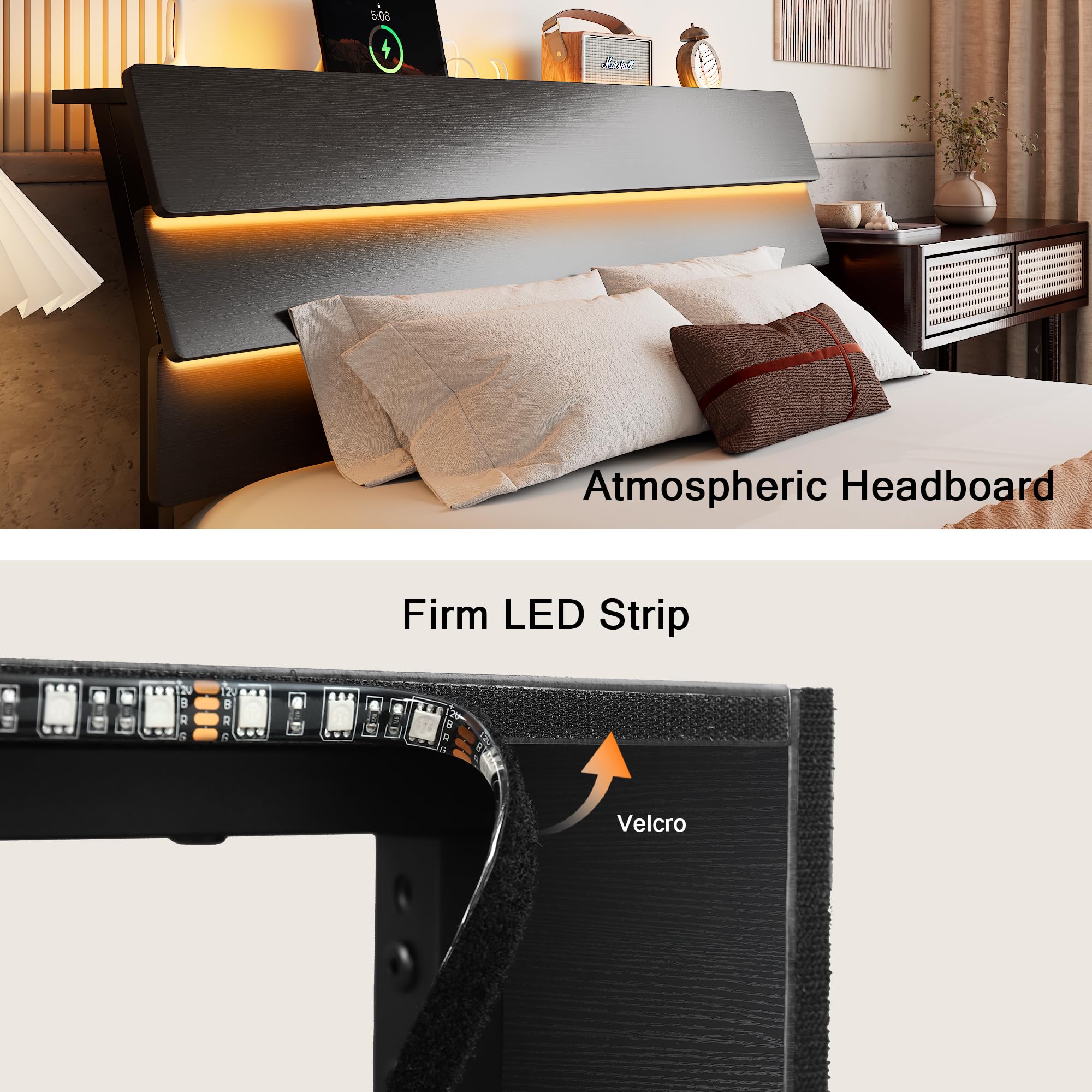 Bed Frame with Charging Station, Led Bed Frame with Wood Storage Headboard