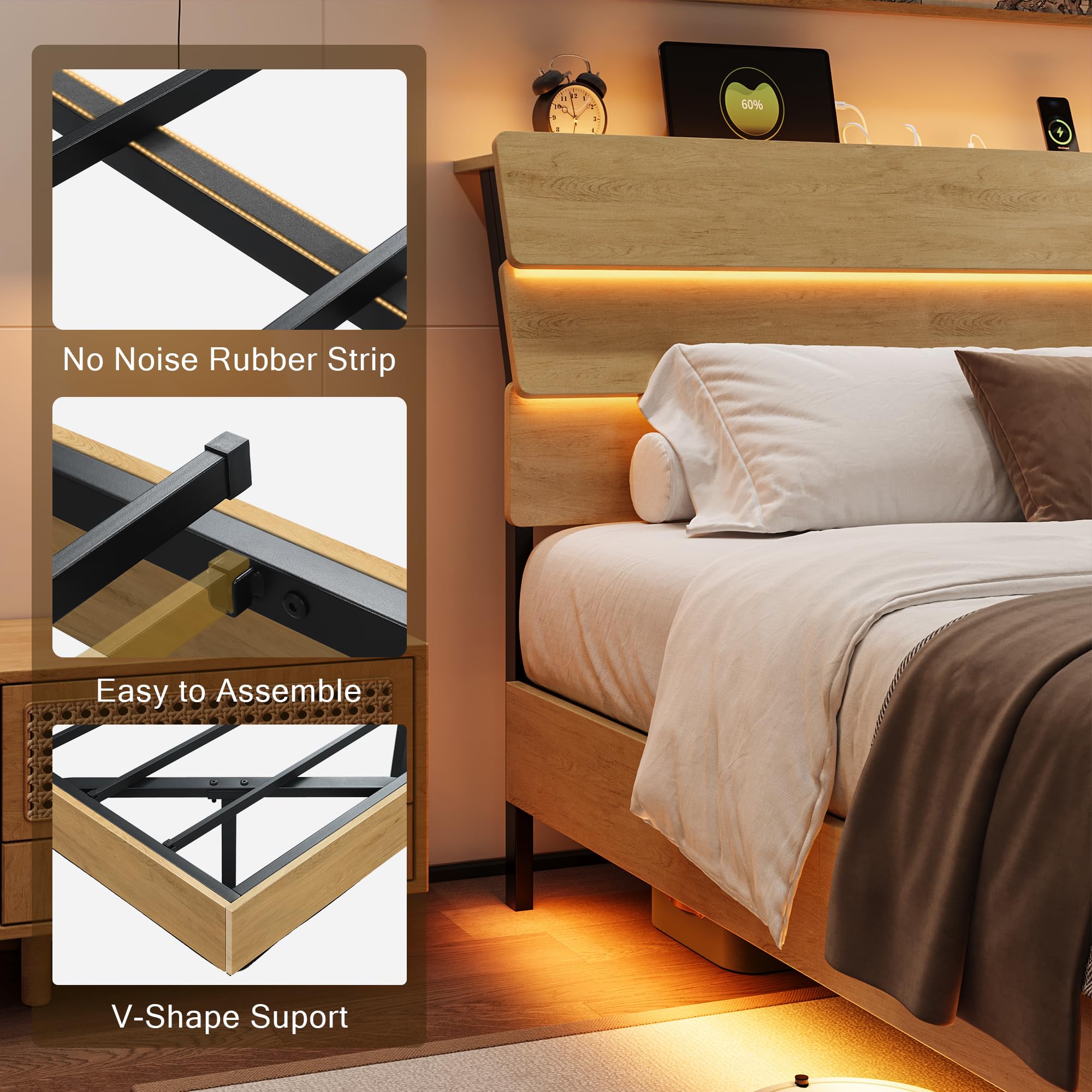 Bed Frame with Charging Station, Led Bed Frame with Wood Storage Headboard