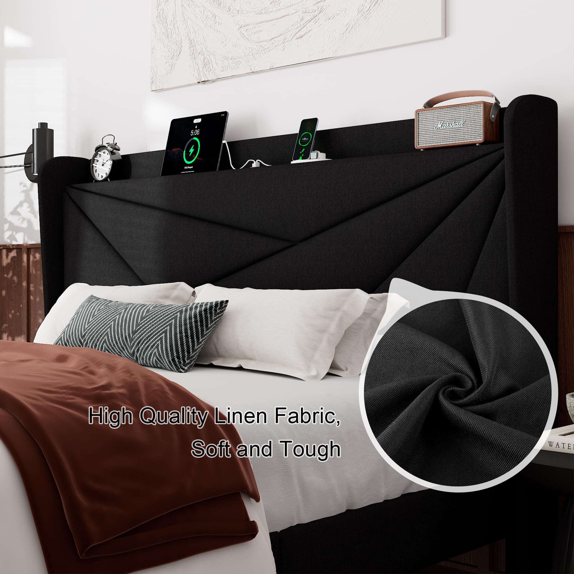 Feonase King Size Bed Frame, Modern Bed Frame with Charging Station