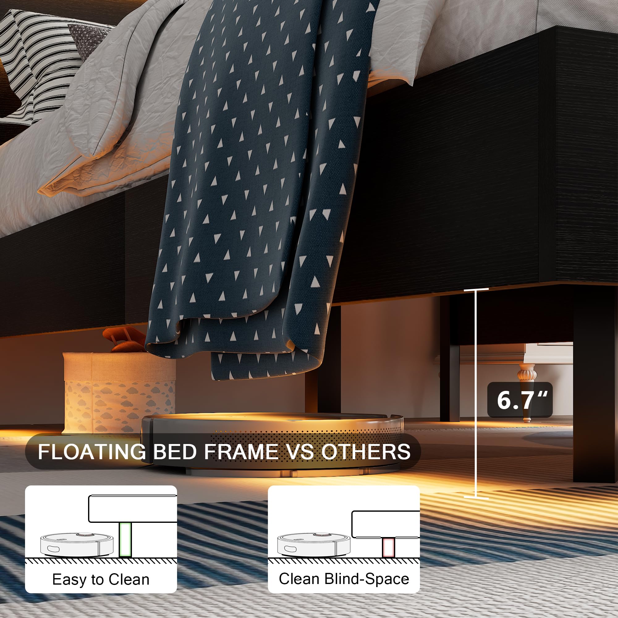 Bed Frame with Charging Station, Led Bed Frame with Wood Storage Headboard