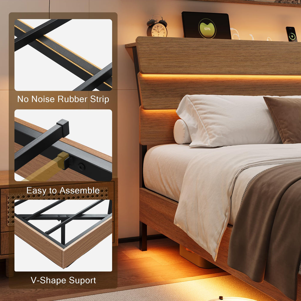 Bed Frame with Charging Station, Led Bed Frame with Wood Storage Headboard