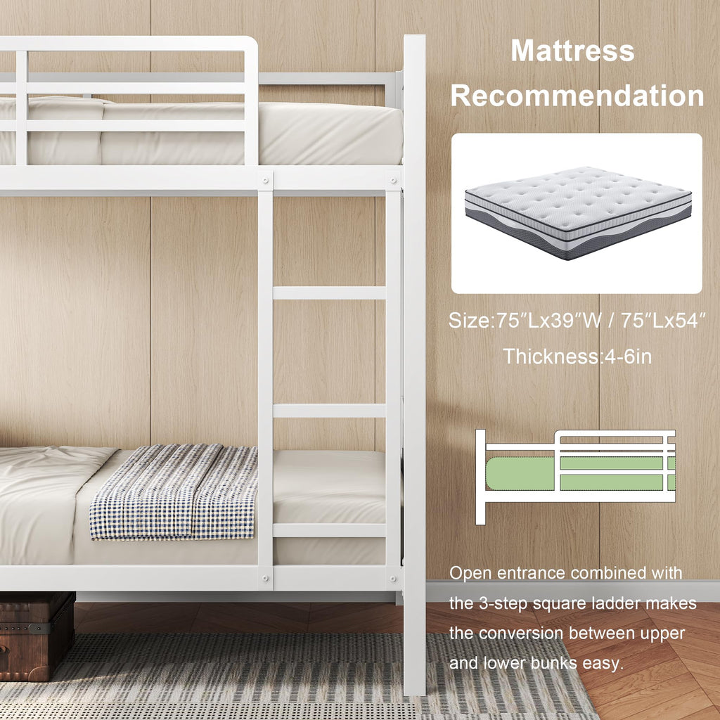 Feonase Metal Bunk Bed Twin Over Twin with Ladder and High Guardrail